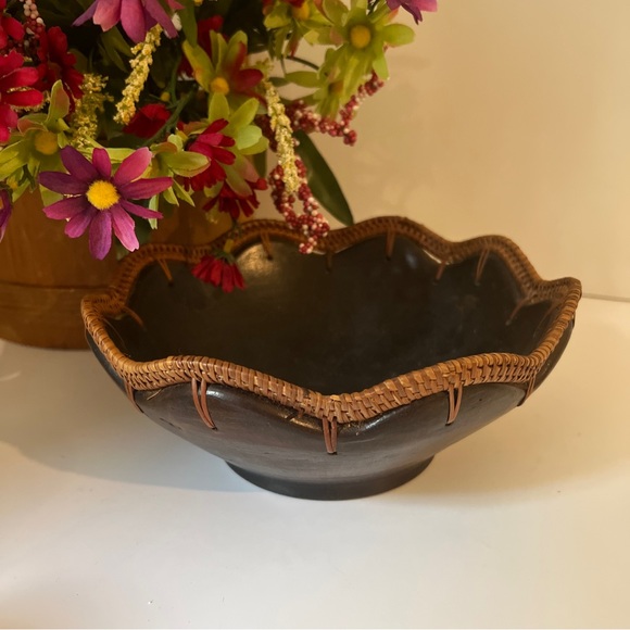 Vintage Wood Clay and Rattan bowl. woven wicker trim Hand Crafted In Indonesia - Picture 2 of 10